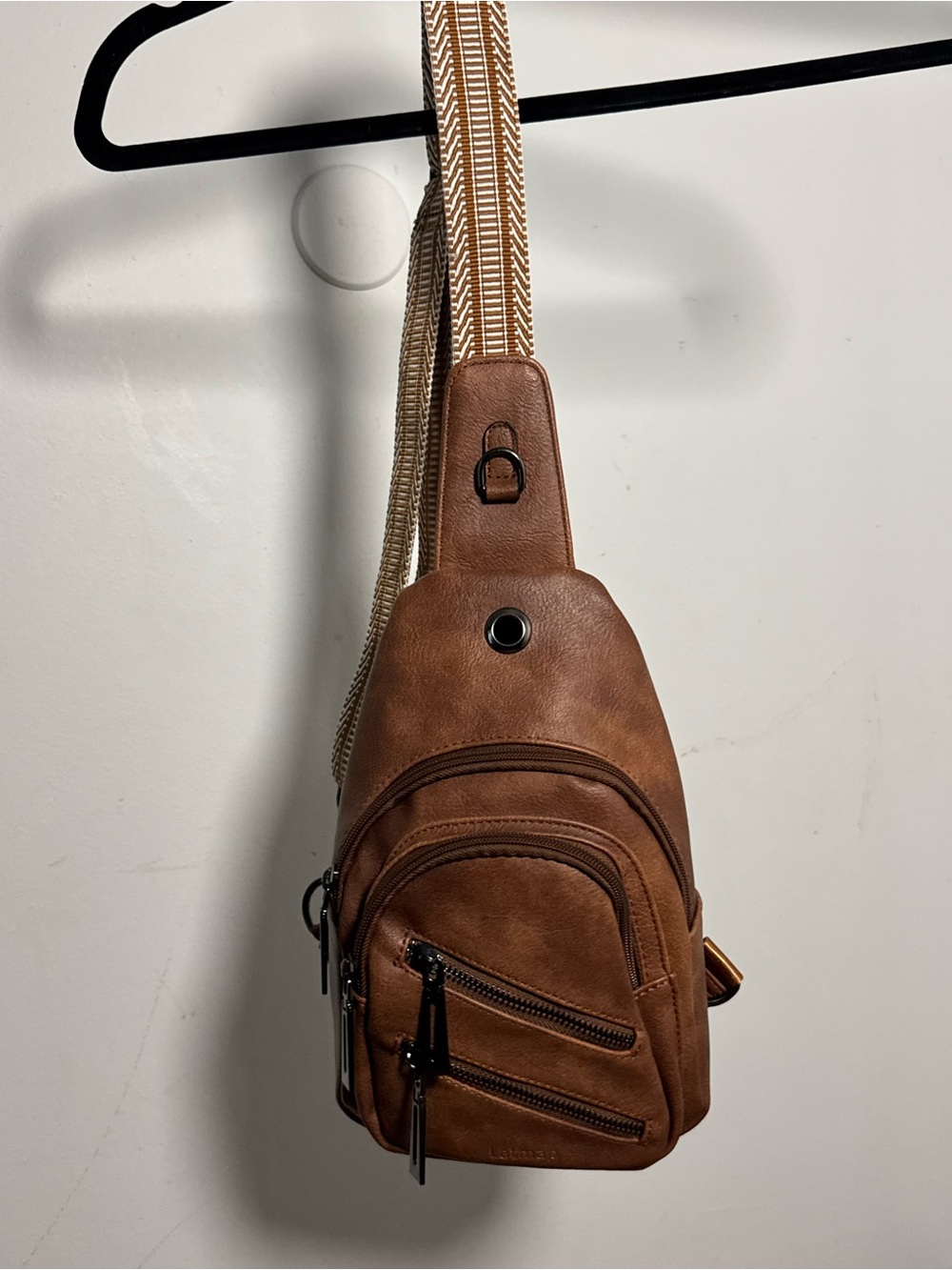Source Unknown Tan Brown Crossbody Sling Bag with Patterned Strap